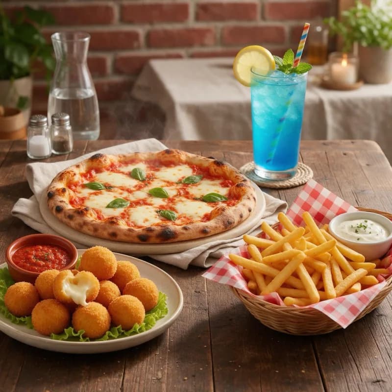 Margherita Pizza + Cheese Balls + French Fries + Mocktail